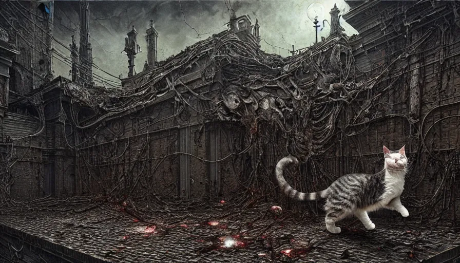 Prompt: cat walking on the roof, rotting, blood, night, death, fear, horror, religion, hyperrealism, detailed and intricate environment, by giger, by greg rutkowski