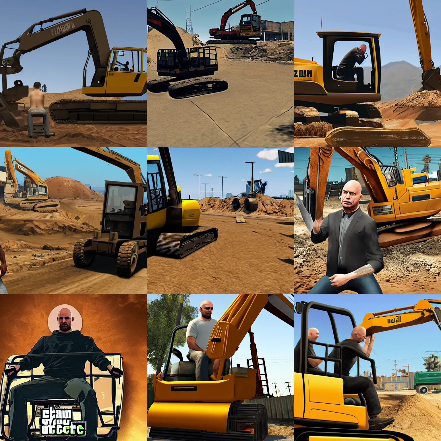 Prompt: Badass bald man sitting in excavator, GTA V poster style