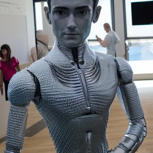 Image similar to a realistic detailed photo of a guy who is an attractive humanoid who is half robot and half humanoid, who is a male android, f 1 driver charles leclerc, shiny skin, posing like a statue, blank stare, by the pool, on display, showing off his muscles, humanoid robot, frozen ice statue, made of ice