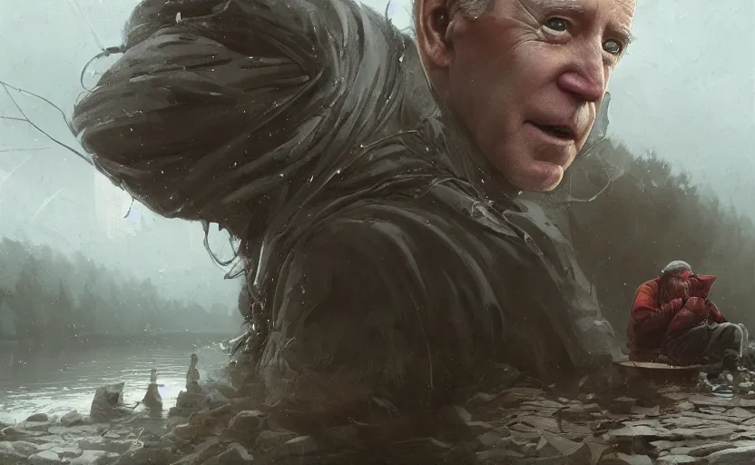 Image similar to highly detailed portrait of joe biden as a homeless, stuck in the river, stephen bliss, unreal engine, fantasy art by greg rutkowski, loish, rhads, ferdinand knab, makoto shinkai and lois van baarle, ilya kuvshinov, rossdraws, tom bagshaw, global illumination, radiant light, detailed and intricate environment