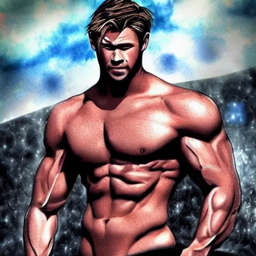 Prompt: Chris Hemsworth with a muscular body type, anime art, anime style