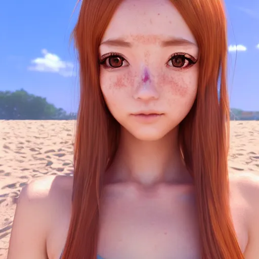 Image similar to Render of a very beautiful 3d anime girl, nami, long hair, hazel eyes, cute freckles, full round face, short smile, cute sundress, golden hour, serene beach setting, medium shot, mid-shot, highly detailed, trending on Artstation, Unreal Engine 4k