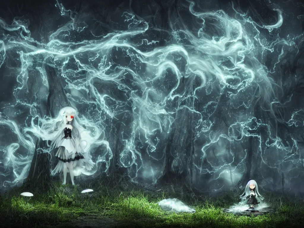 Prompt: cute fumo plush of a gothic maiden girl, inverse color, overdose, overgrown flooded mystical mushroom forest temple, mysterious ritual over tempestuous stormy water, wisps of volumetric vortices of glowing smoke and fog, vignette, vray