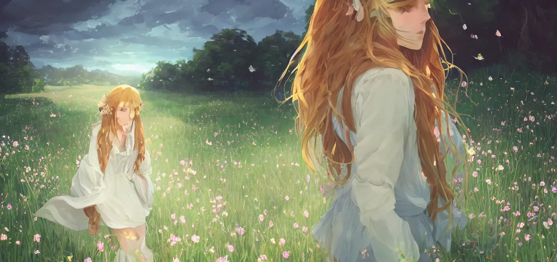 Image similar to a beautiful southern woman named Savannah, innocent, sad turquoise eyes, freckles, long ginger hair tied with white ribbon, relaxed in a field of flowers on a farm, gentle lighting, storm in the distance, somber, western clothing, dress, digital art by Makoto Shinkai ilya kuvshinov and Wojtek Fus, digital art, concept art,