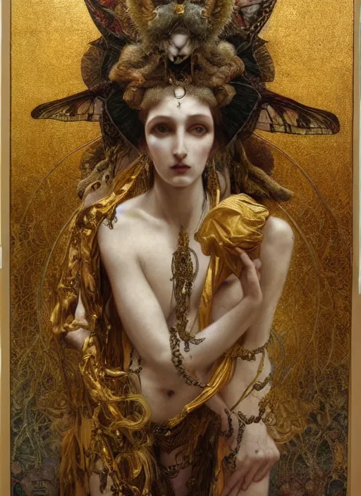 Prompt: hyper realistic painting of goth alternative model goddess of moths, gold ornaments, flowing fabric, intrincate detail, detailed faces by wayne barlowe, gustav moreau, goward, gaston bussiere and roberto ferri, santiago caruso, and austin osman spare, ( ( ( ( occult art ) ) ) ) bouguereau, alphonse mucha, saturno butto