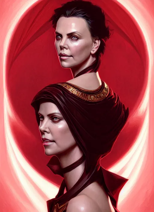 Prompt: portrait of charlize theron as a vampire lord, jewelry, greek, ruby, intricate, headshot, highly detailed, digital painting, artstation, concept art, sharp focus, cinematic lighting, illustration, art by artgerm and greg rutkowski, alphonse mucha, cgsociety