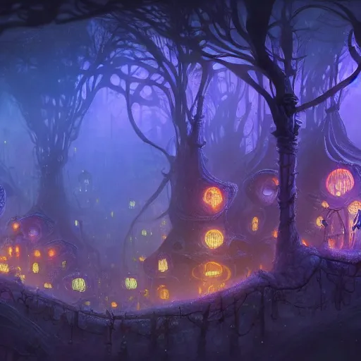 Image similar to concept art detailed painting of a dark purple fantasy fairytale fungal town made of mushrooms, with glowing blue lights, in the style of jordan grimmer and neil blevins and wayne barlowe