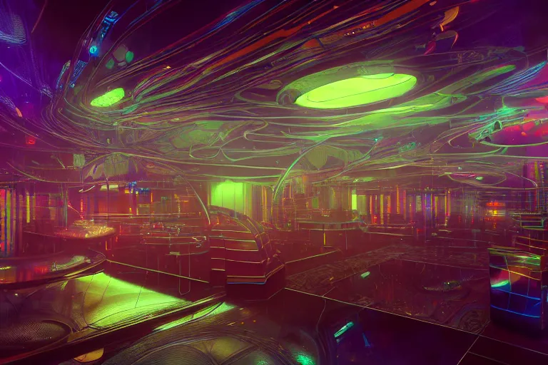 Image similar to a centered render of intricate modular synthesizer futuristic nightclub surrounded by ethereal lights and fractal geometry, cinematic, beautifully lit, by artgerm, by beeple, by karol bak, by donato giancola, by atelier olschinsky, 3 d, trending on artstation, octane render, 8 k