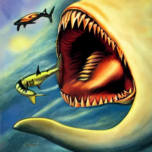 Image similar to julie bell illustration of a shark, Alien mouth