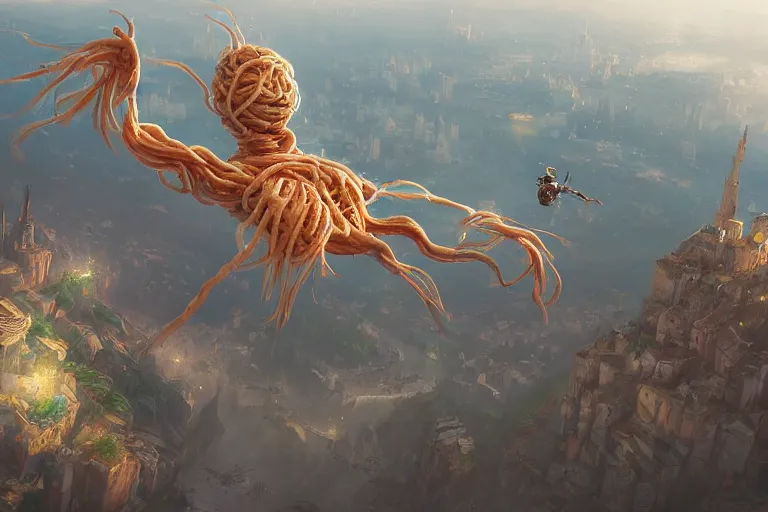 Image similar to flying spaguetti monster over a small town, made by Stanley Artgerm Lau, WLOP, Rossdraws, ArtStation, CGSociety, concept art, cgsociety, octane render, trending on artstation, artstationHD, artstationHQ, unreal engine, 4k, 8k,