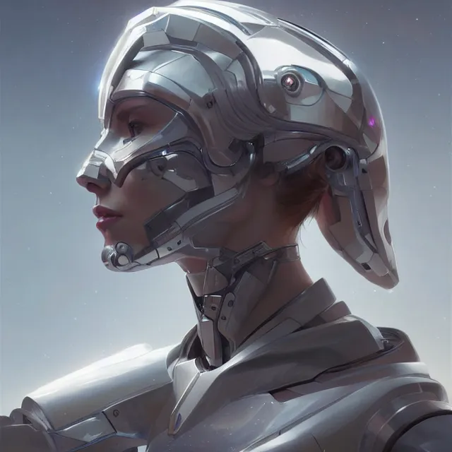 Image similar to portrait of futuristic cyborg wearing white shiny armor, shiny skin, raytracing, astral nebula, subsurface scattering, artistic, art by artgerm, greg rutkowski and alphonse mucha, artstation, octane render,