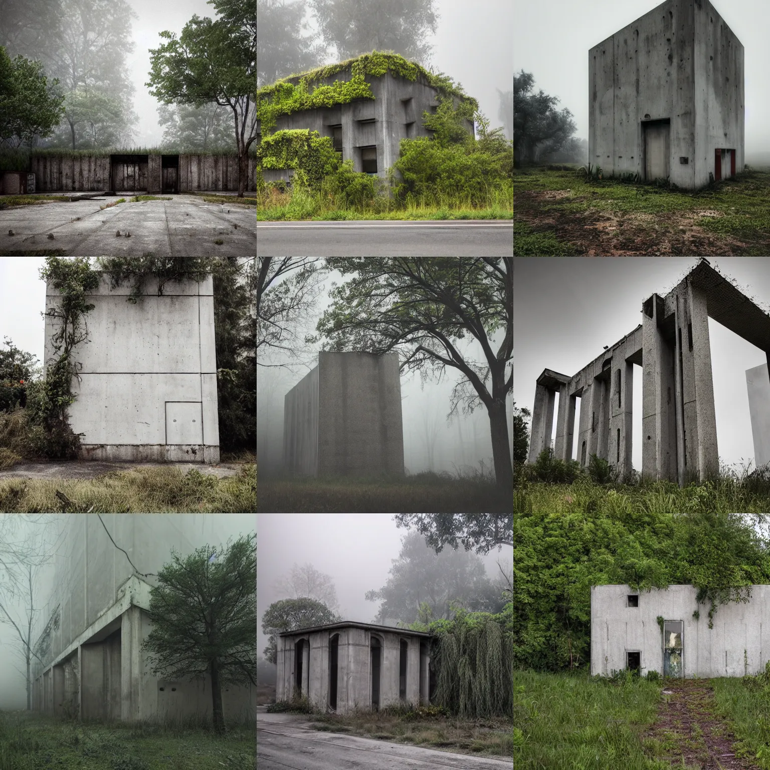 Prompt: Abandoned concrete building with plants and trees, overcast and fog weather, realistic,