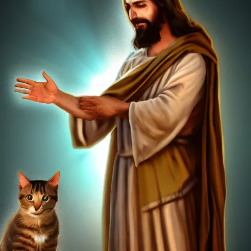 Image similar to moist critical begging jesus not to kill his cat, hd, 4 k, vr support, for gamers,