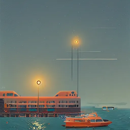 Image similar to yachting club by simon stalenhag