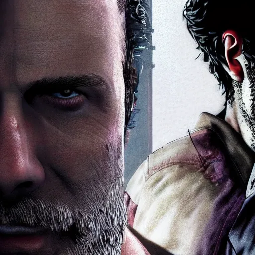 Image similar to rick grimes in resident evil, artstation hall of fame gallery, editors choice, #1 digital painting of all time, most beautiful image ever created, emotionally evocative, greatest art ever made, lifetime achievement magnum opus masterpiece, the most amazing breathtaking image with the deepest message ever painted, a thing of beauty beyond imagination or words