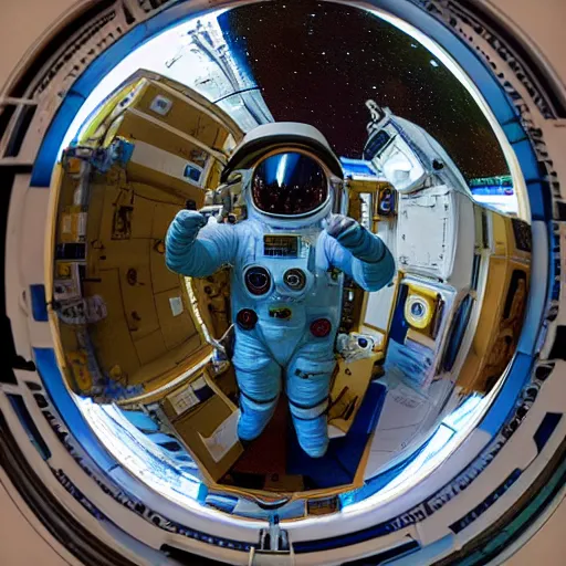 Image similar to “dark skinned astronaut wearing translucent helmet waving at the international space station nigerian woman facial features highly detailed professional photography 400mm fisheye in the style of Edward hooper”