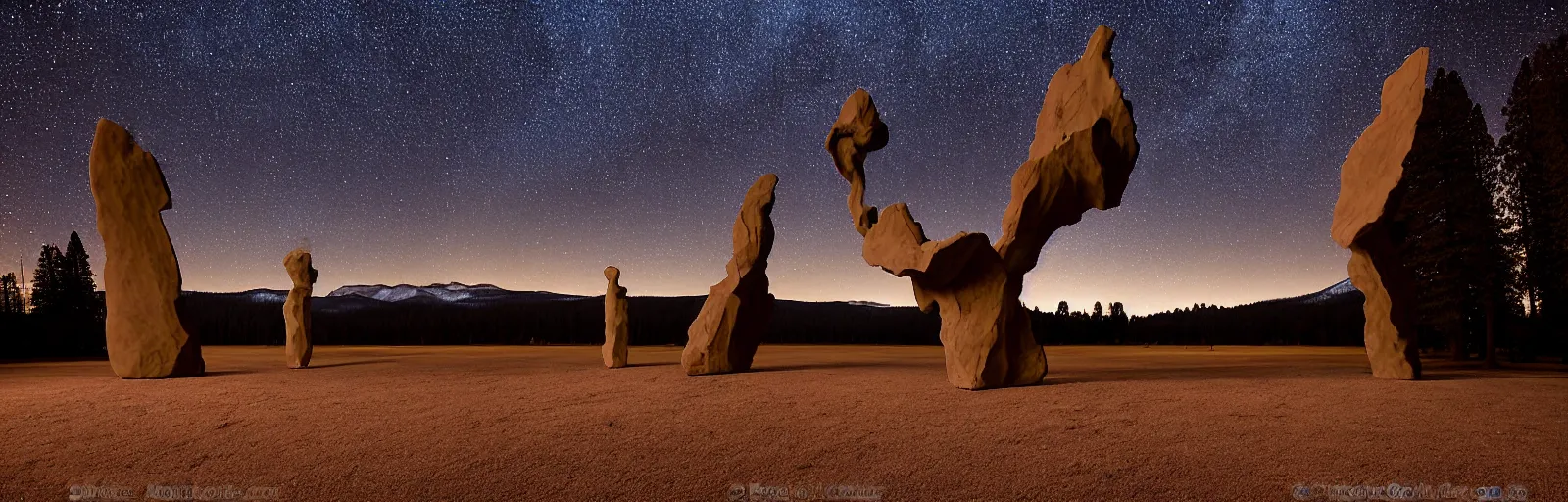 Image similar to to fathom hell or soar angelic, just take a pinch of psychedelic, medium format photograph of two colossal minimalistic necktie sculpture installations by antony gormley and anthony caro in yosemite national park, made from iron, marble, and limestone, granite peaks visible in the background, taken in the night