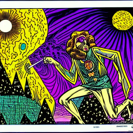 Prompt: a psychedelic wizard with time magic, highly detailed comic art by paul kirchner, 8 k