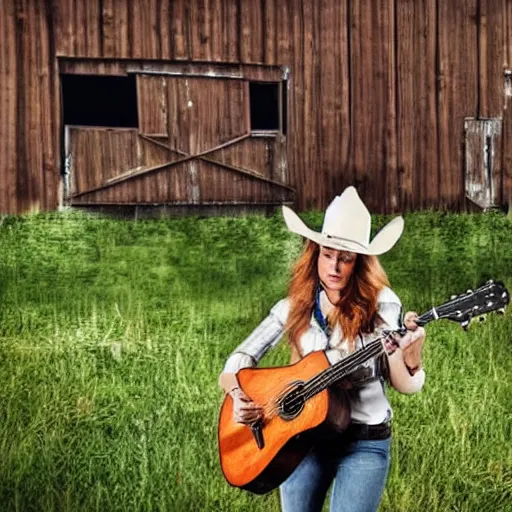 Image similar to a female fox animal, wearing cowboy hat, wearing plaid shirt, playing guitar, inside a barn, album cover style