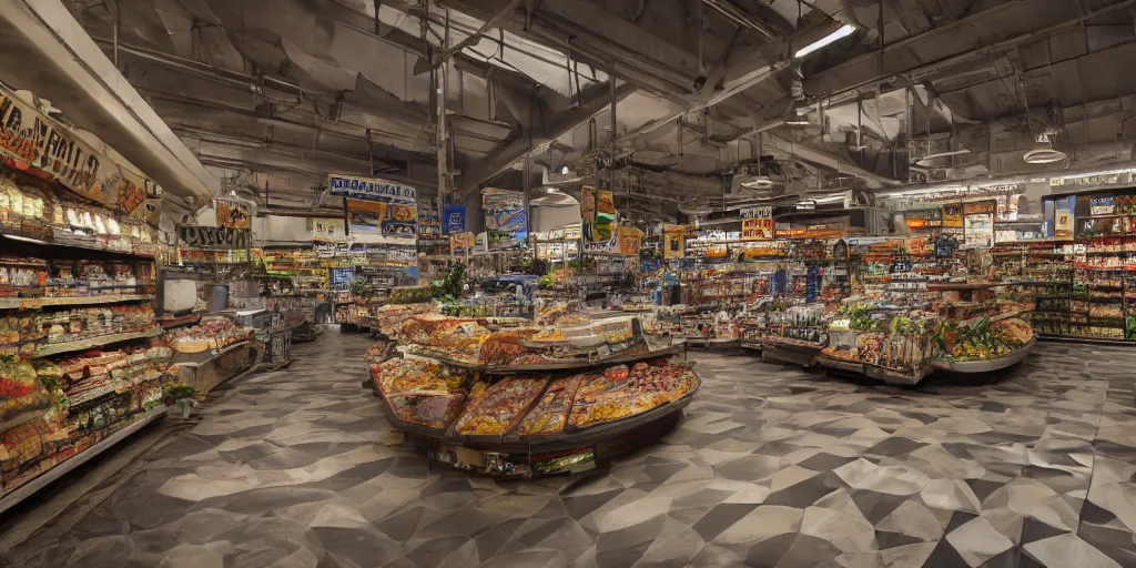 Image similar to deep 3 point perspective, seafood supermarket Inside the three-story gothic museum, dramatic lighting, photorealistic, wolumetric lighting, high detail, cinematic feel, wideshot, high octane, 4K, Unreal Engine, digital render, intricate, ultra realistic