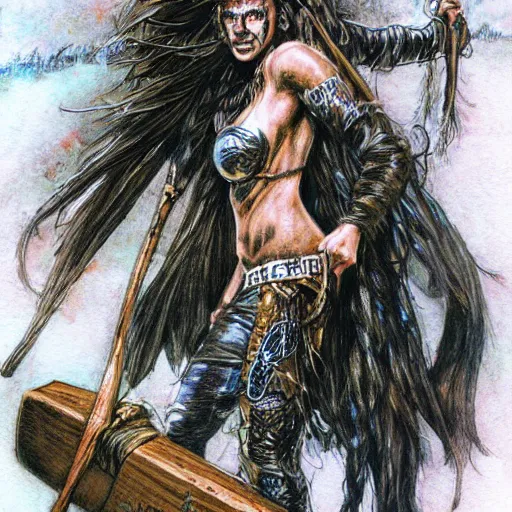 Prompt: Shamanic Priestess Carrying Axe, by Simon Bisley