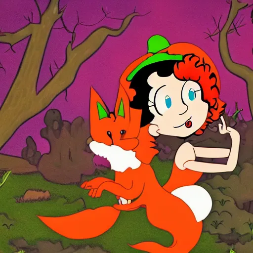 Prompt: betty boop riding a fox in the woods, high definition