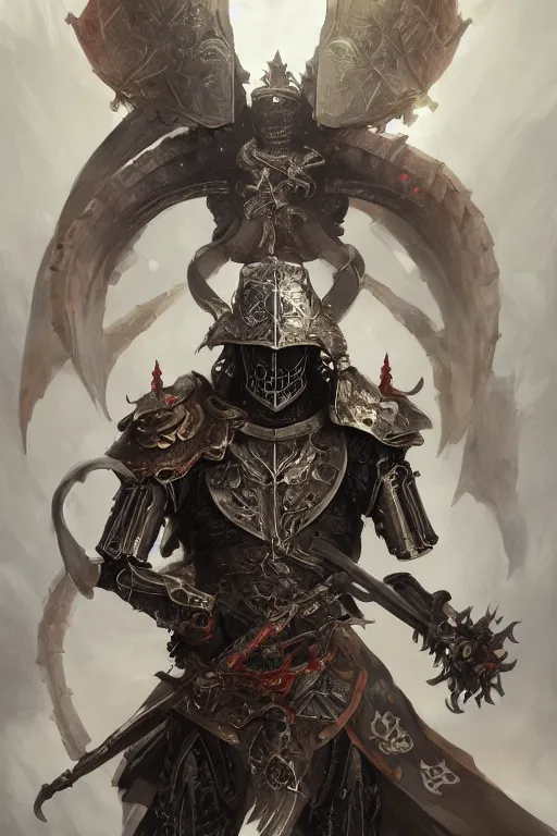 Prompt: portrait of a skeleton with chinese dragon in armor and helmet, majestic, solemn, big sword, wearing helmets and armor with wings, symmetrical, solemn, sacred, aura, art by greg rutkowski, matte painting, trending on artstation