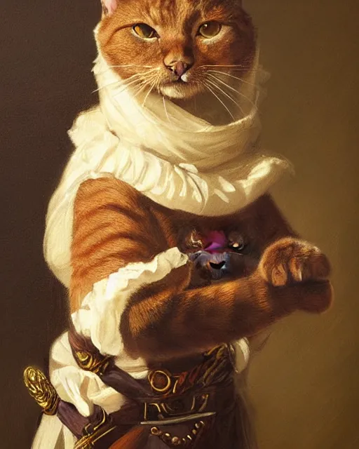 Image similar to portrait of cute brown cat with serious expression wearing 1 8 th century royal guard uniform, baroque painting, greg rutkowski