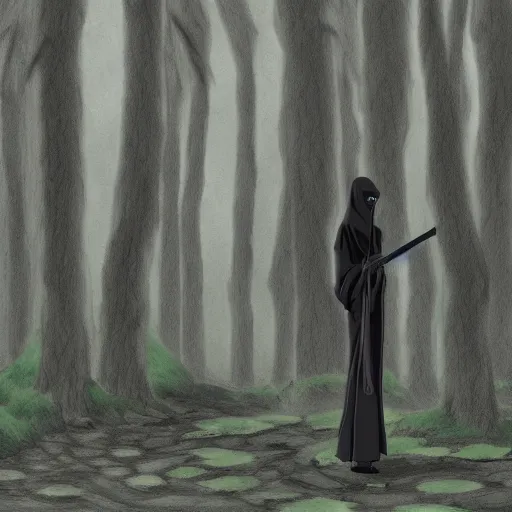 Image similar to a close shot of a grim reaper standing in a forest by studio ghibli, detailed, gloomy, digital art,