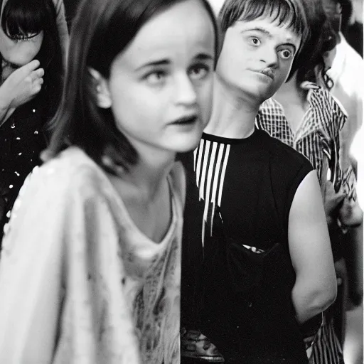 Prompt: joey king looking awkward in line for a photo booth candid 3 5 mm street photography