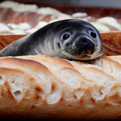 Image similar to baby seal hiding among loaves of bread at the grocery store, photo, realistic, 4k