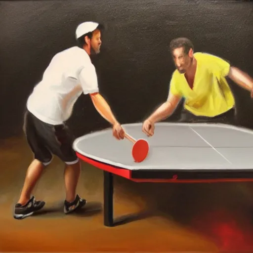 Image similar to Dos muxus xugando al ping pong sobro fondu naranxa, oil painting