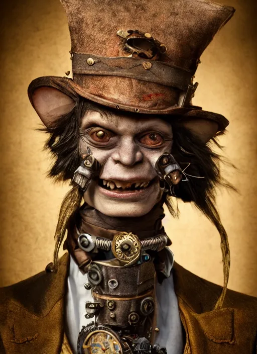 Prompt: closeup portrait of a steampunk medieval goblin wearing a top hat, depth of field, zeiss lens, detailed, symmetrical, centered, fashion photoshoot, by Annie Leibovitz and Steve McCurry, David Lazar, Jimmy Nelsson, Breathtaking, 8k resolution, extremely detailed, beautiful, establishing shot, artistic, hyperrealistic, beautiful face, octane render