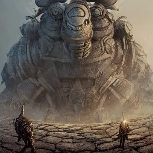 Image similar to giant armored ashigaru beetle war construct golem, glowing gnostic brian froud markings, magic and steam - punk inspired, in an ancient stone circle on a plateau in a blizzard, kanji markings, concept painting by jessica rossier, hr giger, john berkey