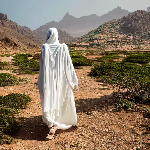 Image similar to beautiful bellidancer girl walks around Socotra among endemic plants, flowers and snags in a long transparent flowing dress and meets mystical animals, mystical insects, mystical birds, lizards, snakes, gorgeous, Atmosphere, hypnotic dimensions, mythology, Rococo, photorealism, ruan jia, steve mccurry, Zdzislaw Beksinski style, hyperrealistic, sharp focus, intricate concept art, digital painting, ambient lighting, 4k, hdt, artstation trending on Gsociety, trending on ArtstationHQ, trending on deviantart, professionally post-processed, wide-angle action dynamic portraithyperdetailed, hyper quality, 16K