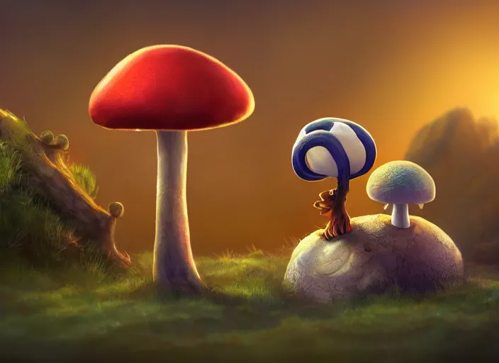 Image similar to a cute dr seuss creature sitting next to a mushroom, golden hour, fantasy, sharp focus, digital art, hyper realistic, 4 k, unreal engine, highly detailed, hd, dramatic lighting by brom, trending on artstation