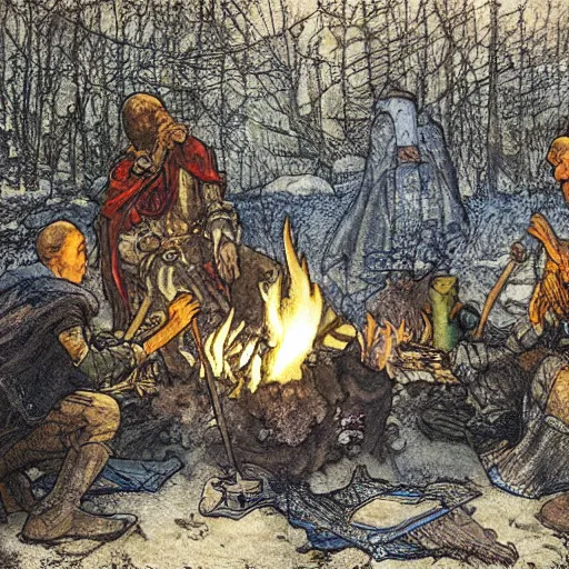 Image similar to a painting of medieval knights toasting marshmallows around the campfire in the style of howard pyle, arthur rackham, alphonse mucha. volumetric lighting. 8 k resolution. best detail. trending on artstation trending on deviantart