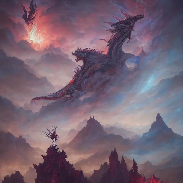 Image similar to dragon, fire, floating city on clouds, by wayne barlowe, peter mohrbacher, kelly mckernan, epic scene, 4 k, fantasy, colorful, environment, highly detailed, video game