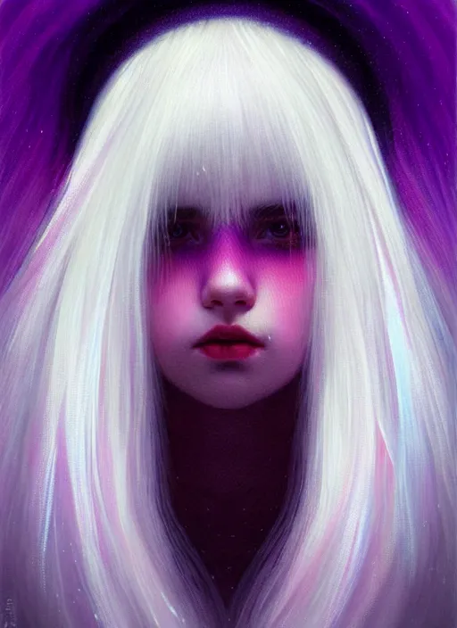 Image similar to hair whitebangs hair, black hair, whitebangs, portrait of teenage girl with white bangs, red irises, purple clothes, white bangs, bangs are different color from hair, intricate, elegant, glowing lights, highly detailed, digital painting, artstation, concept art, smooth, sharp focus, illustration, art by wlop, mars ravelo and greg rutkowski