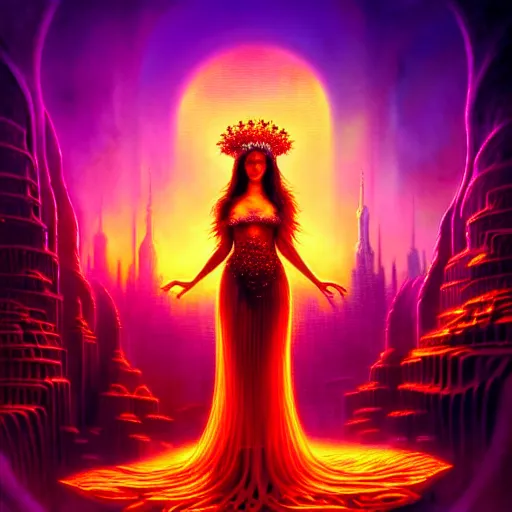 Image similar to Beautiful 3d render of the flower queen in a sensual pose, atmospheric lighting, painted, intricate, volumetric lighting, beautiful, rich deep colors masterpiece, golden hour, sharp focus, ultra detailed, in the style of Dan Mumford and Johfra Bosschart, with a crowded futuristic cyberpunk city in the background, astrophotography