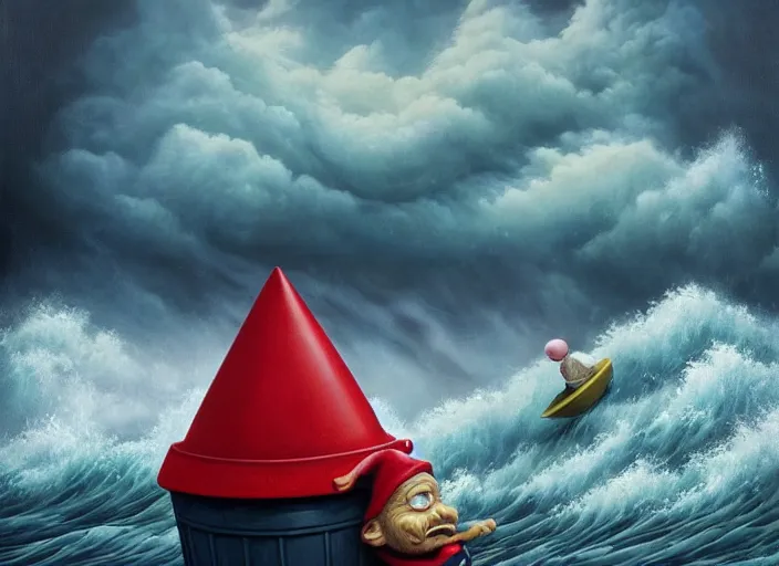 Image similar to a terrified garden gnome sailing in a bucket, background of raging ocean on a stormy with dramatic clouds, an ultrafine detailed painting by mark ryden, trending on deviantart, pop surrealism, whimsical, lowbrow, danger, perfect symmetrical face