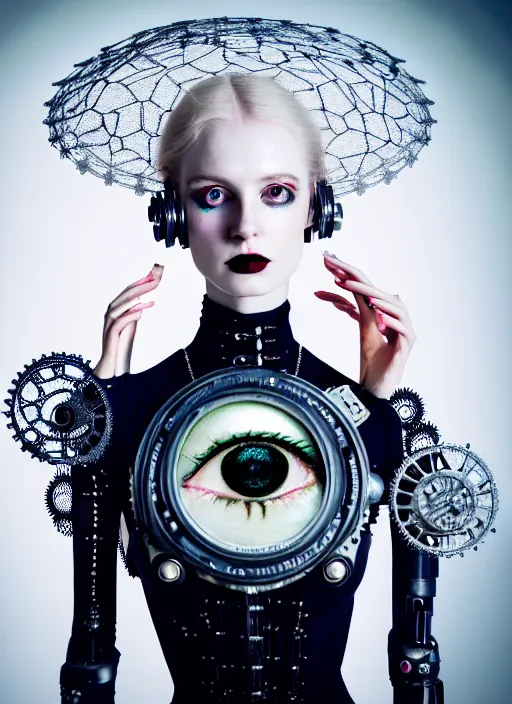 Image similar to kodak portra 4 0 0 photo portrait of a beautiful pale woman in style of tim walker, silver lace floral steampunk biomechanical, one techno eye female cyborg, big monocular, volumetric light, coloured gel light, gothic fashion, octane render, 8 k