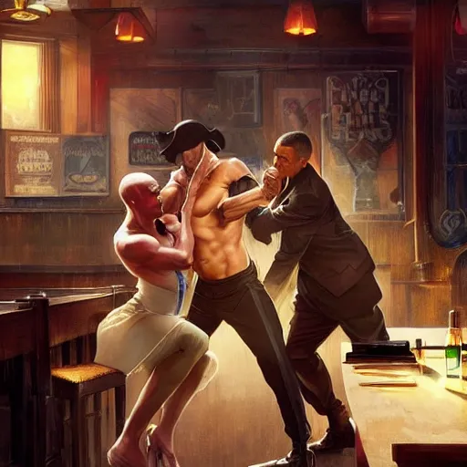 Prompt: vinnie jones and barak obama fighting in a pub, real life skin, intricate, elegant, highly detailed, artstation, concept art, smooth, sharp focus, art by artgerm and greg rutkowski and alphonse mucha
