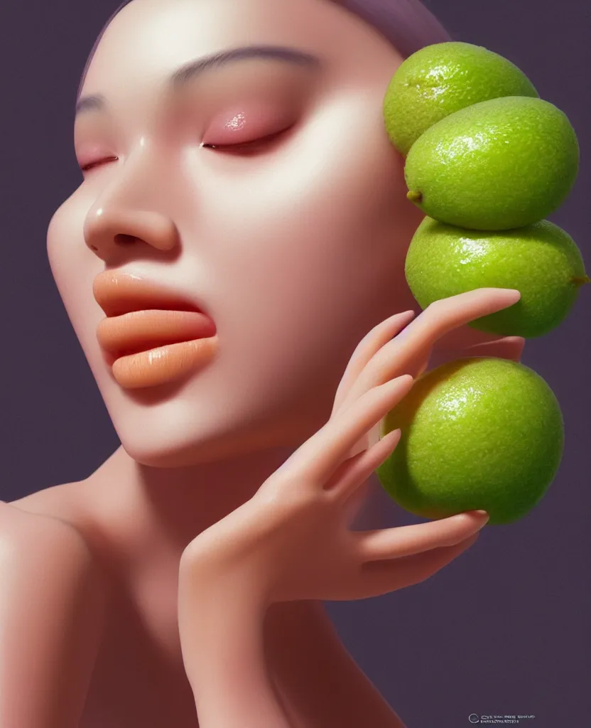 Prompt: goddess close - up yougurt girl, mango fruit, kiwi fruit, mango fruit bioluminiscent, intricate artwork by tooth wu and wlop and beeple. octane render, trending on artstation, greg rutkowski very coherent symmetrical artwork. cinematic, hyper realism, high detail, elegant, octane render, 8 k