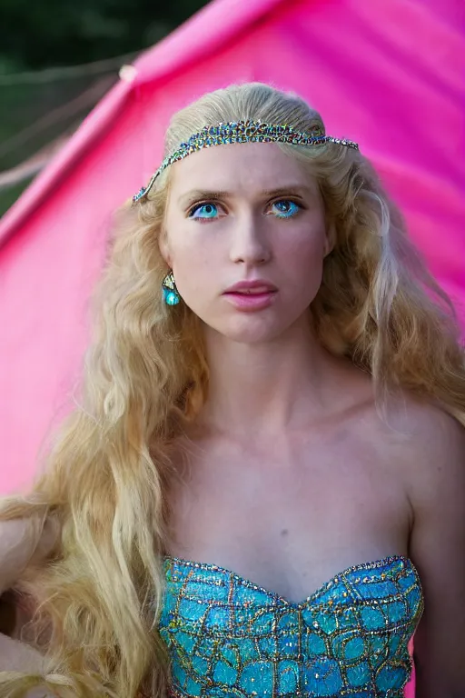 Image similar to a princess with long blonde hair and light blue eyes wearing a strapless elaborately beaded pink dress standing next to a canvas army tent, high resolution film still, 8k, HDR color, film by Simon Langton and David Frankel, triangular face, very light freckles, round narrow chin, straight jawline, natural lips, high cheekbones, beautiful gazing eyes