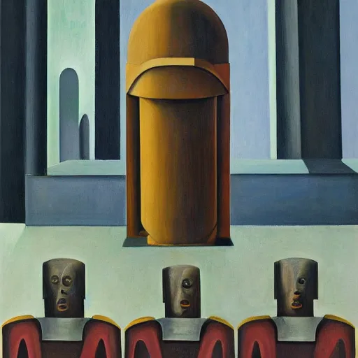 Image similar to three brutalist giant sacred robots visage, portrait, judge, cathedral, dystopian, pj crook, edward hopper, oil on canvas