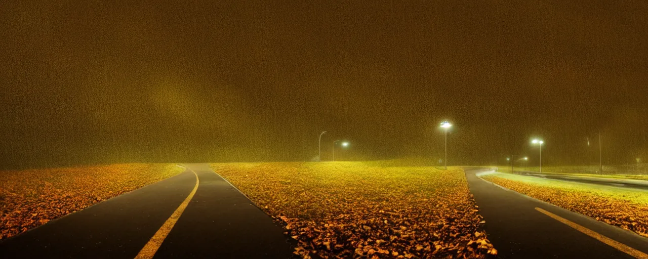 Prompt: at night, it is raining in the sky, a large road extends into the distance, the leaves on both sides of the road are yellowed by the street lights, tranquility, film texture, super fine, 8 k