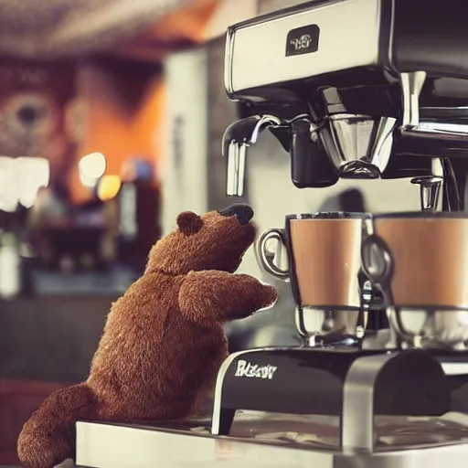 Image similar to a realistic photo of a bear making coffee in a coffee shop