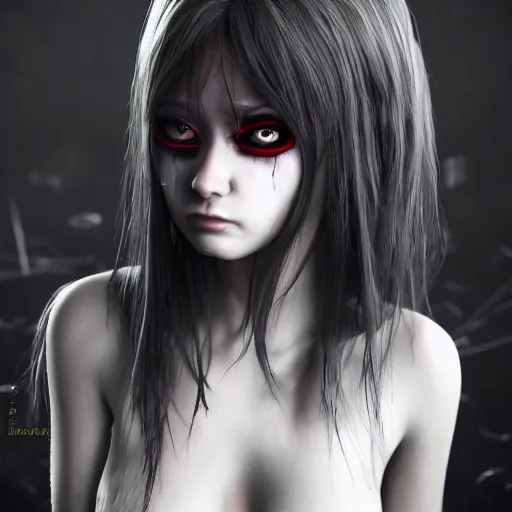 Image similar to photorealistic full shot portrait of angry darkness anime girl, dark look, inspired by Tim Burton, detailed, unreal engine 4k volumetric light, fog,