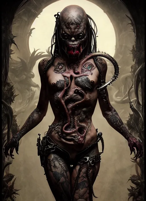 Prompt: ultra realistic, predator, fangs, goth, tattoos, leather, fantasy, flesh, bone, body horror, intricate details, eerie, highly detailed, octane render, 8 k, art by artgerm and alphonse mucha and greg rutkowski